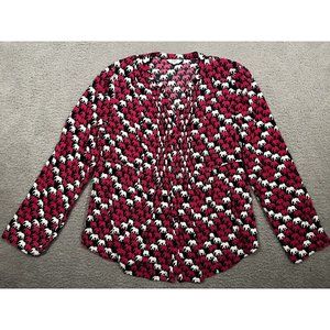 Crown & Ivy‎ Pink Elephant Button Pleated Top Blouse Roll Tab Sleeve L Large